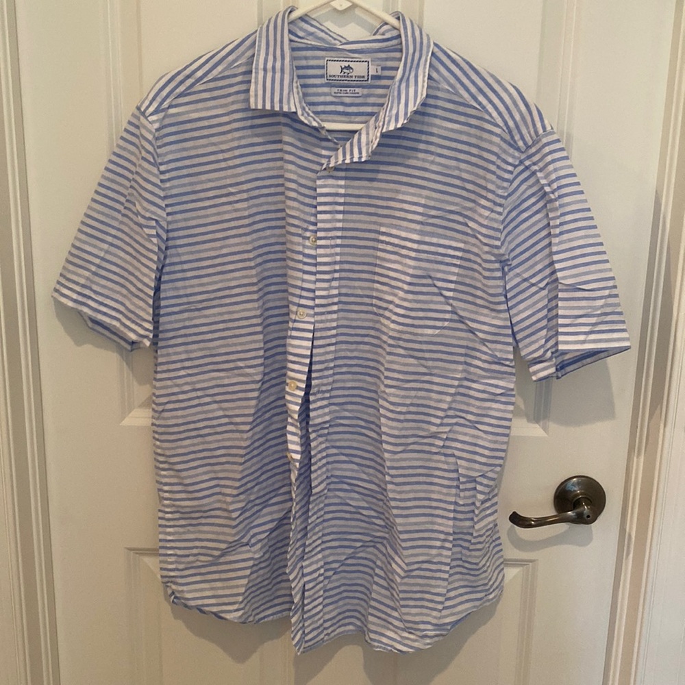 Southern Tides Men's Short‎ Sleeve Blue Striped Button Down Trim Fit Size L